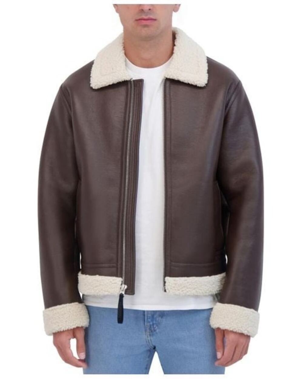 NWOT Hudson Jeans Men's Brown Faux Leather Shearling Bomber Jacket Size Medium